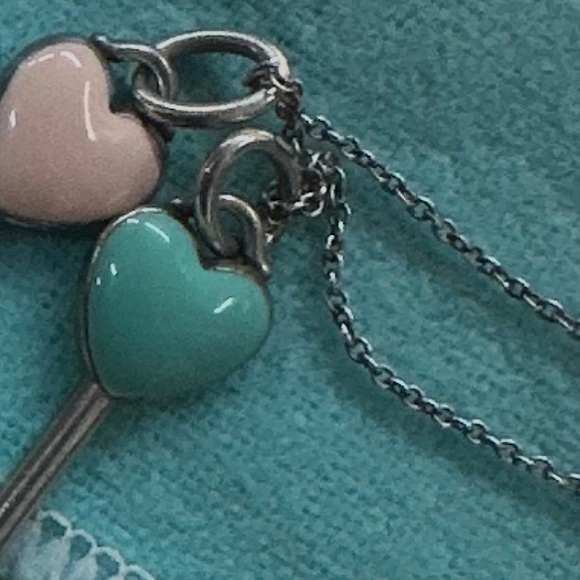 Tiffany & Co. Silver Necklace with Pink and Blue enamel keys. Mini size .
